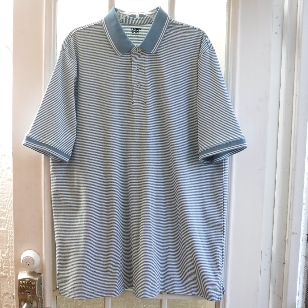 Lands' End Blue/White Striped Short Sleeve Traditional Fit Collared Shirt